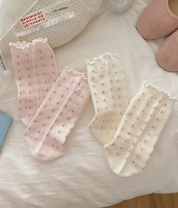 Detailansicht der Socken mit Rüschenrand, Herzmuster und atmungsaktiver Netzstruktur