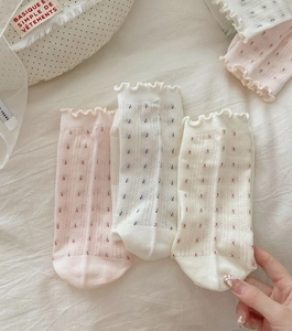 Detailaufnahme von Blumen-Netzsocken mit Rüschenbündchen und atmungsaktiver Strickstruktur