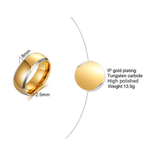 8mm polished gold and silver tungsten carbide ring showing width and thickness details