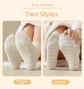 Detail view of regular and non-slip coral fleece socks showing silicone dots on the sole