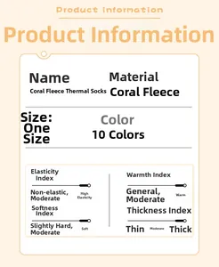 Detail chart of coral fleece thermal socks showing material, high elasticity, and warmth