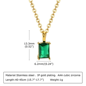 Gold stainless steel necklace with rectangular emerald green cubic zirconia pendant