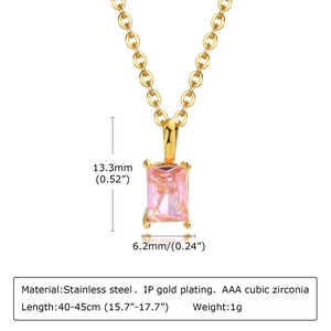 Detail shot of rectangular pink cubic zirconia pendant with gold plated stainless steel chain
