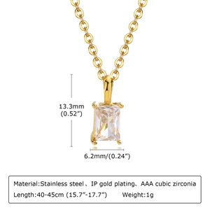 Detail of IP gold plating stainless steel necklace with radiant cut cubic zirconia pendant