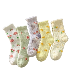 Five-pack coral fleece socks with cute fruit patterns for warm winter home wear