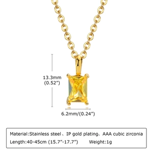Detail of yellow rectangular cubic zirconia pendant with 18K gold plated stainless steel