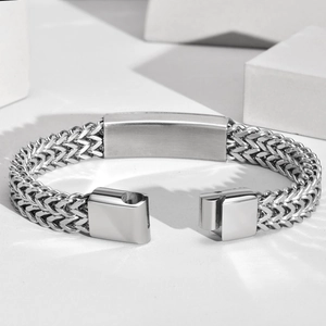 Men's double-row wheat chain bracelet in silver steel with blank engravable plate