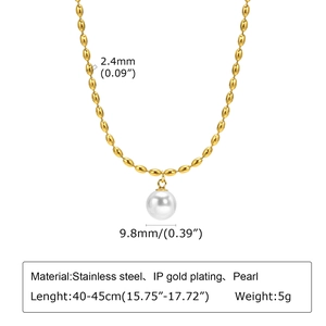 Gold stainless steel pearl necklace with 2.4mm bead chain and 9.8mm pearl pendant