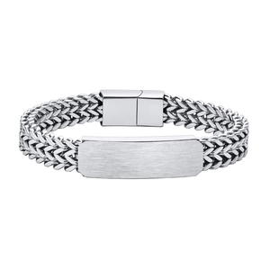 Men's double-layered stainless steel hip-hop bracelet with engravable rectangular plaque