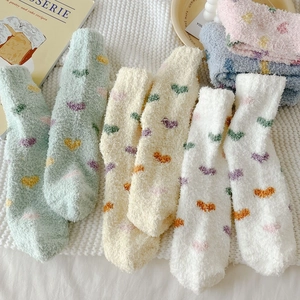 Thick coral fleece warm socks with colorful heart patterns for winter sleep and home use