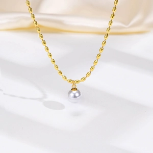 Women Gold Plated Stainless Steel Beaded Chain Necklace With White Round Faux Artificial Pearl Pendant Elegant Minimalist Jewelry