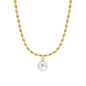 Elegant gold stainless steel pearl necklace with oval beads and a round pearl pendant