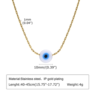 Gold plated stainless steel evil eye pendant necklace with adjustable chain and blue charm