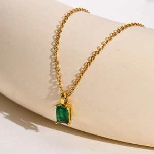 Gold stainless steel necklace with rectangular emerald green zircon pendant in a retro style