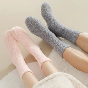 Thick coral fleece thermal home socks for women in pink and grey colors for winter