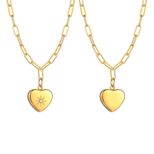 Collier cœur en acier doré avec zircon étoile scintillante et chaîne trombone chic