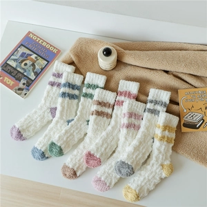 Women Winter Thickened Coral Fleece Socks Fuzzy Striped Mid-Calf House Socks Warm Jacquard Floor Socks For Sleeping Home Wear