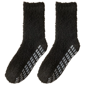 Solid black coral fleece thermal socks with non-slip grippers for indoor comfort