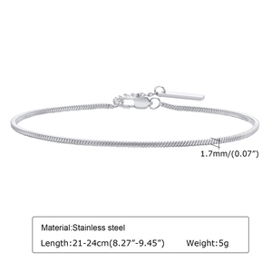 Detail of 1.7mm stainless steel snake chain bracelet with adjustable lobster clasp and tag