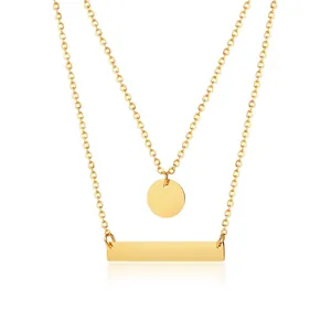 Minimalist gold double layer stainless steel necklace with round and bar pendants