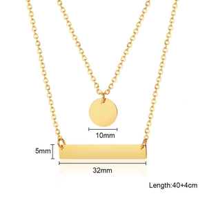 Gold double-layered stainless steel necklace featuring a round disc and rectangular bar pendant