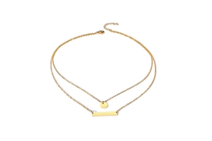 Double layered gold necklace with circular and rectangular pendants on white background