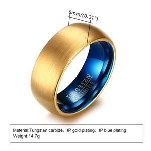 8mm gold and blue tungsten carbide ring with brushed finish for men