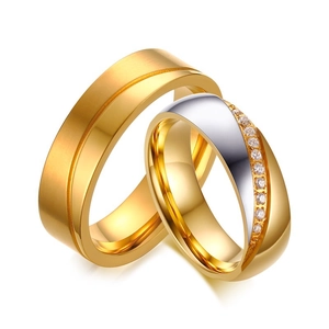 Stainless Steel Couple Ring Gold Silver Plated Rhinestone Inlaid Brushed Finished Romantic Engagement Jewelry Finger Ring