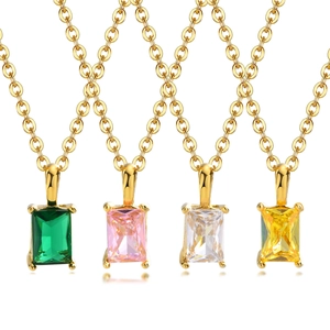 Gold stainless steel necklace with rectangular emerald, pink, white, and yellow zircon pendants