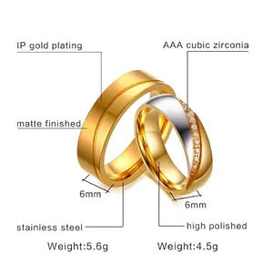 6mm gold-plated stainless steel couple rings with zircon inlays and matte finish
