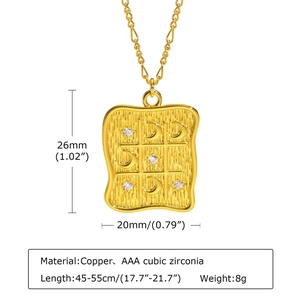 Gold celestial square necklace in copper with moon, star symbols and zircon inlays