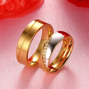 Minimalist 6mm gold stainless steel couple rings set with cubic zirconia stones