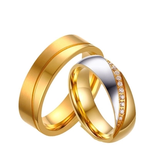 6mm gold and silver stainless steel couple rings set with brushed finish and zircon inlay