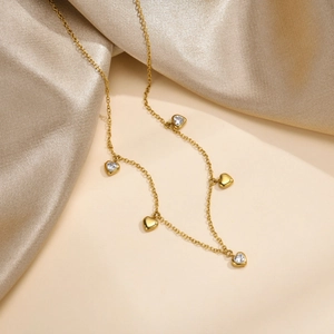 Women Stainless Steel Heart Pendant Necklace With Rhinestone Minimalist Gold Color Link Chain Fashion Jewelry Necklaces