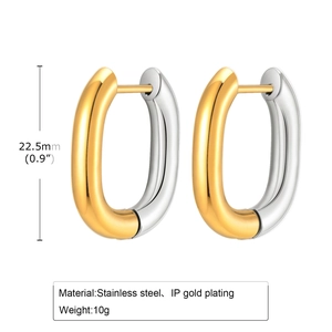 Detail of two-tone stainless steel oval earrings with IP gold plating and dimensions