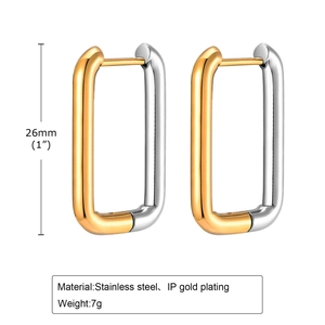 Detail of two-tone stainless steel rectangular earrings with dimensions and weight info