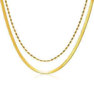 Zweilagige goldene Titanstahl-Halskette mit Schlangenknochenkette und feiner Perlenkette