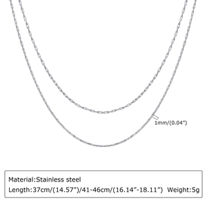 Detailed view of a 1mm thin stainless steel double layer chain necklace with dimensions
