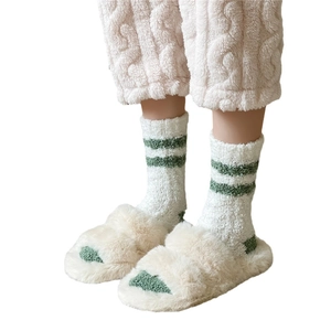 Winter set with cream open-toe slippers and green striped coral fleece socks