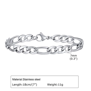 Détail du bracelet chaîne Figaro 7mm en acier inoxydable argenté avec fermoir homard