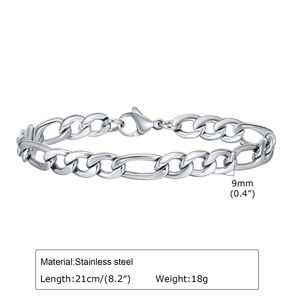 Gros plan du bracelet Figaro en acier de 9mm montrant la longueur de 21cm et le fermoir mousqueton