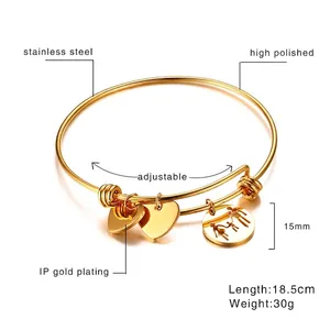 Bracelet familial ajustable en acier inoxydable plaqué or IP avec pendentifs cœur