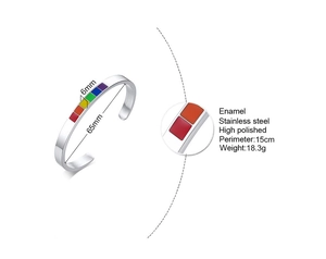 Detail showing 6mm stainless steel rainbow enamel cuff bracelet with product dimensions