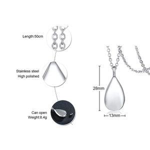 Technical diagram showing 28x13mm teardrop cremation pendant with screw opening detail