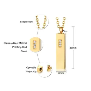 Polished gold stainless steel cremation necklace with three cubic zirconia stones and 50cm chain