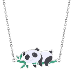 Cartoon Panda Halskette aus Edelstahl mit grünem Bambusblatt und Emaille-Anhänger