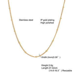Detail of 2mm IP gold plated stainless steel beaded chain with high polished finish