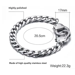 Detailed view of stainless steel handcuffs bracelet with 20.5cm length and high polish finish