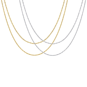 Double-layered golden and silver stainless steel hammer chain necklaces on white background