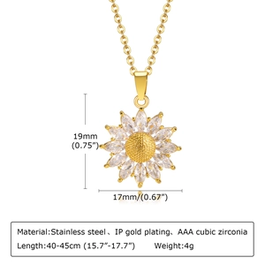 Collar de girasol de acero inoxidable dorado con pétalos de circonita AAA y tallas